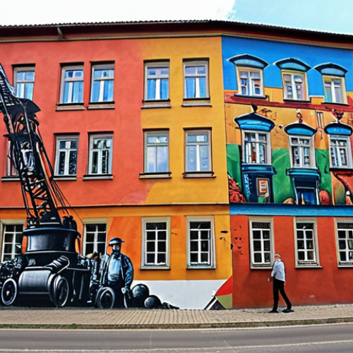**

Prompt: "A vibrant mural in Łódź, Poland. The mural depicts scenes of the city's industrial history, incorporating elements of old textile machines and factory workers. Style: Street art, realistic, colorful, capturing the spirit of revitalization."

**